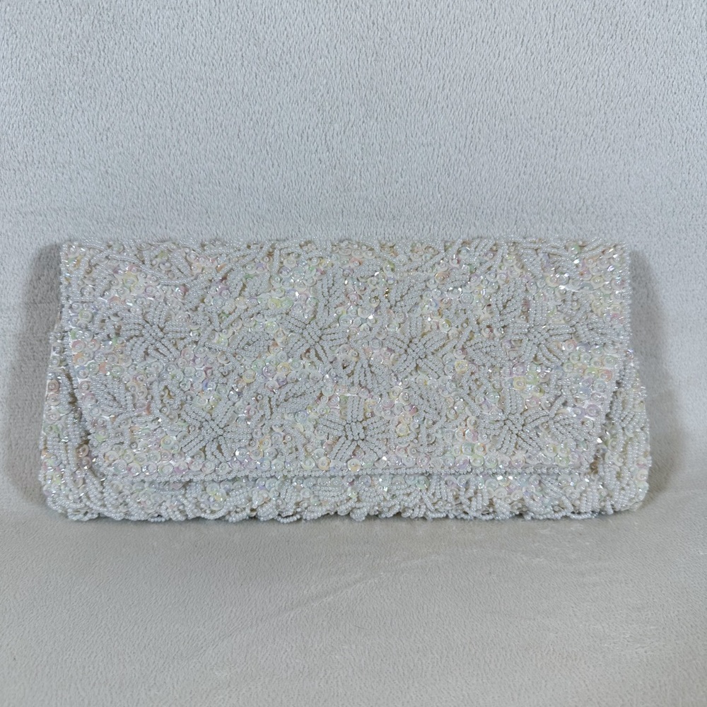 Vintage Beaded Pearl Sequin Ivory/White Satin Clutch Handbag